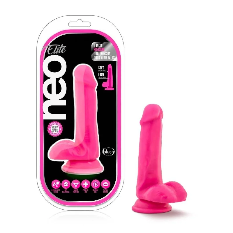 Neo Elite 6in Silicone Dual Density Cock with Balls Neon Pink