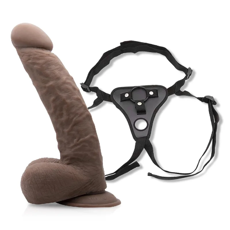 Neojoy - Girthy Lover Dildo With Strap-On Dong Harness - Brown - 25cm - 9.8 inch