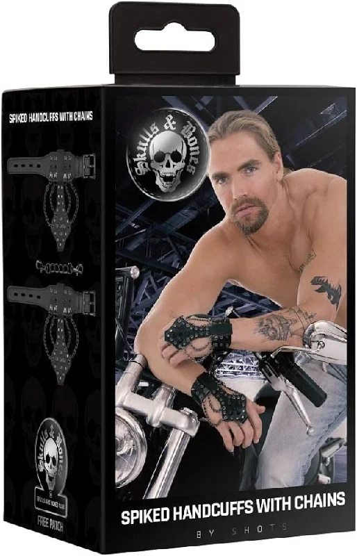 Ouch! Skulls & Bones ''Handcuffs'' w/ Spikes & Chains -Black