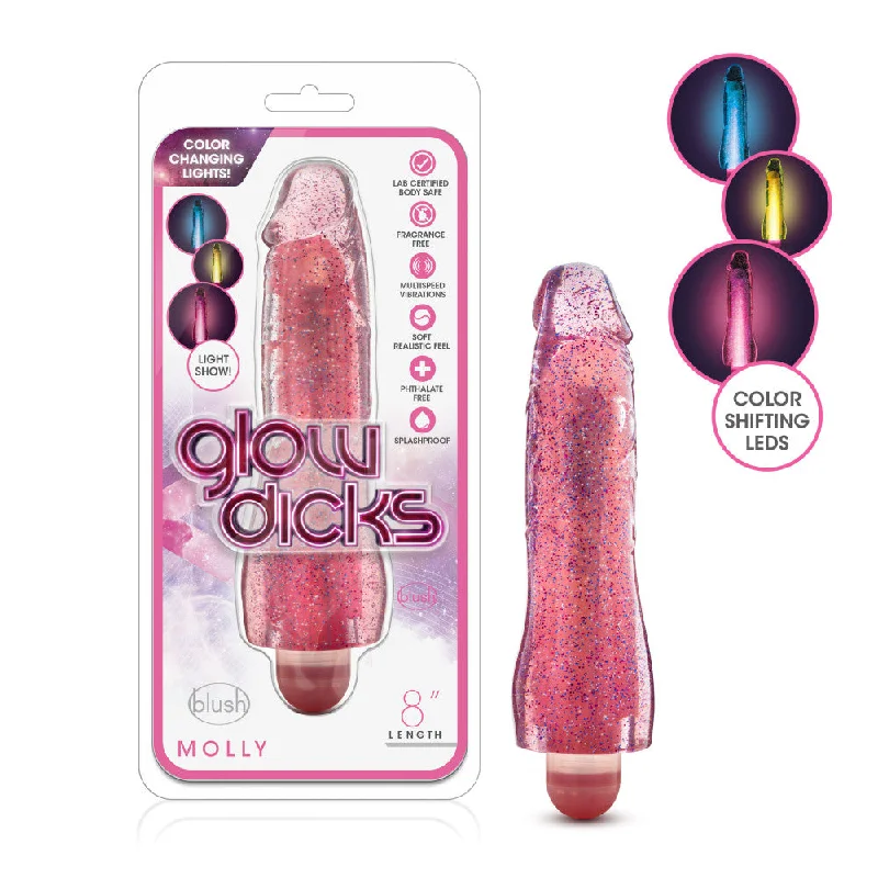 Glow Dicks By Blush® | Molly Glitter Realistic Pink 8-Inch Long Vibrating Dildo