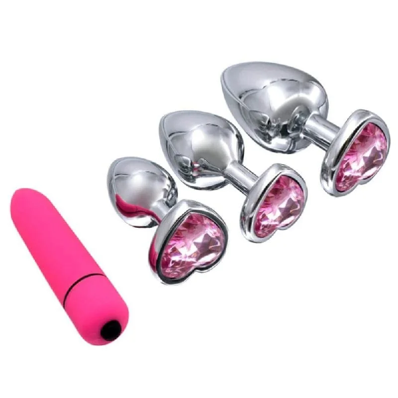 Pink Jewel Heart-Shaped Princess Plug With Vibrator 2.8 to 3.66" Long Training Kit|/|