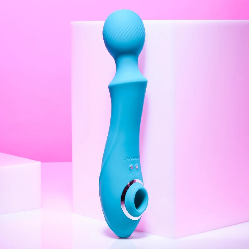 Wanderful Sucker Double Ended Wand + Clitoral Pulsation Vibrator - Blue