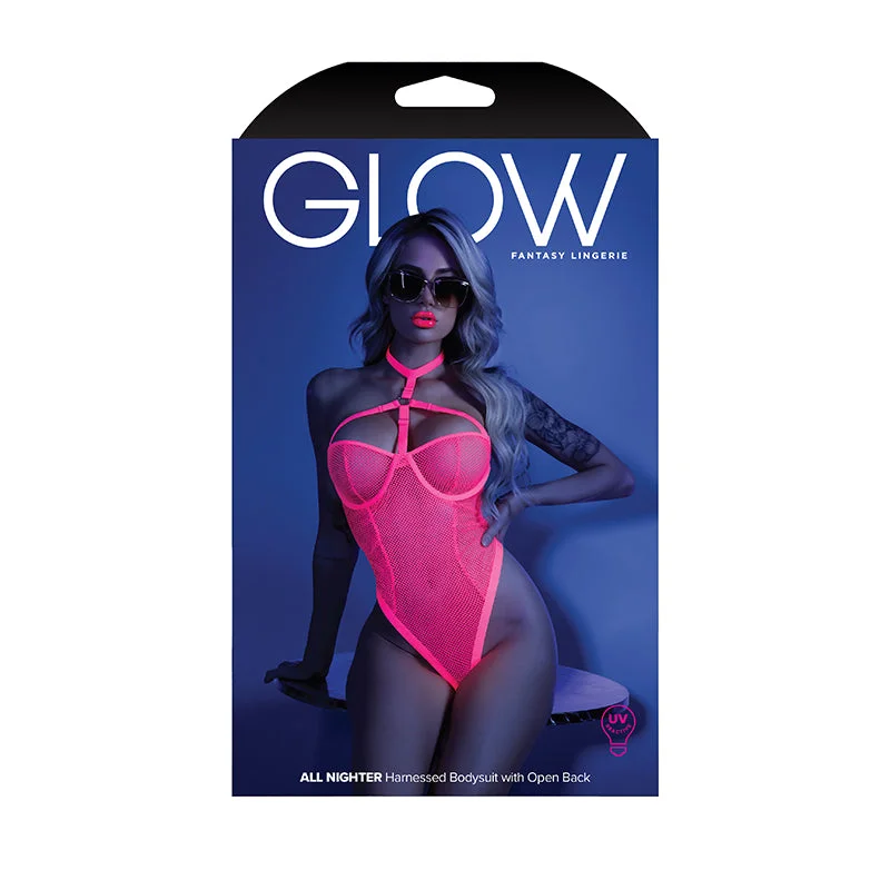 Fantasy Lingerie Glow All Nighter Harnessed Mesh Bodysuit Neon Pink S/M