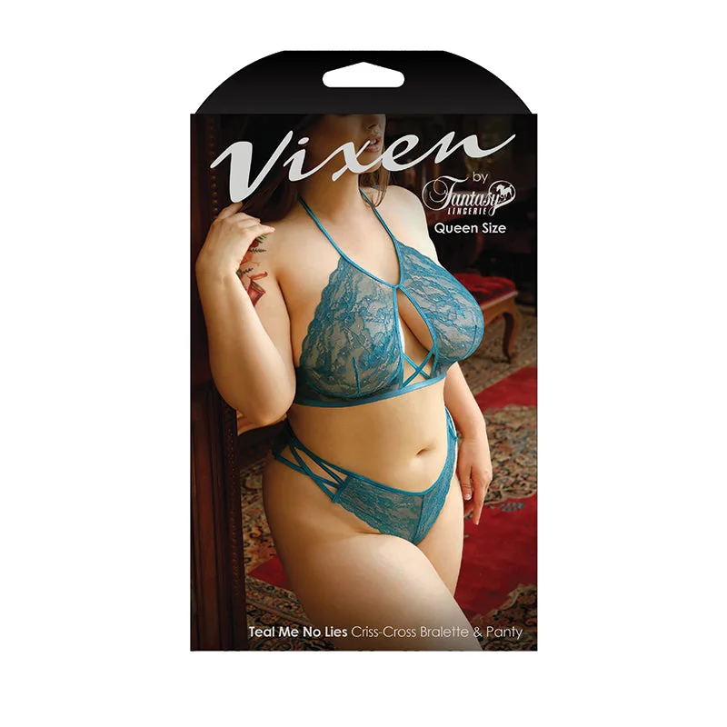 Fantasy Lingerie Vixen Teal Me No Lies Criss-Cross Lace Halter Bralette & Matching Panty Teal Queen Size