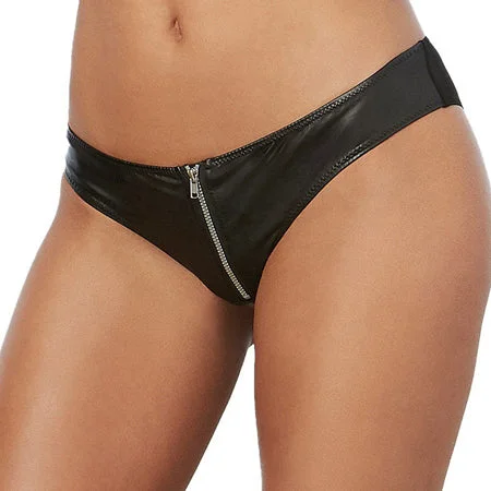 Dreamgirl Faux-Leather, Stretch Knit Cheeky Panty with Zipper Front and Stretch Mesh Back Black L