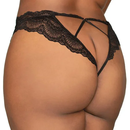 Dreamgirl Lace Tanga Open-Crotch Panty and Elastic Open Back Detail Black 2X