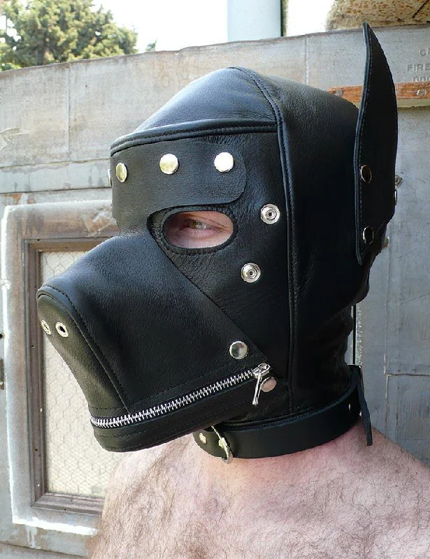 Leather Dog Hood with Snap-on Muzzle, Blindfold and Gag