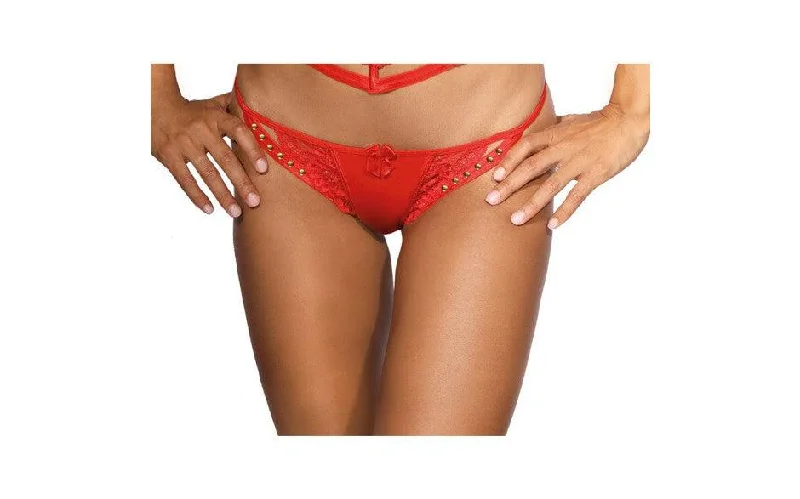 Microfiber and Lace G-String with Studs Red