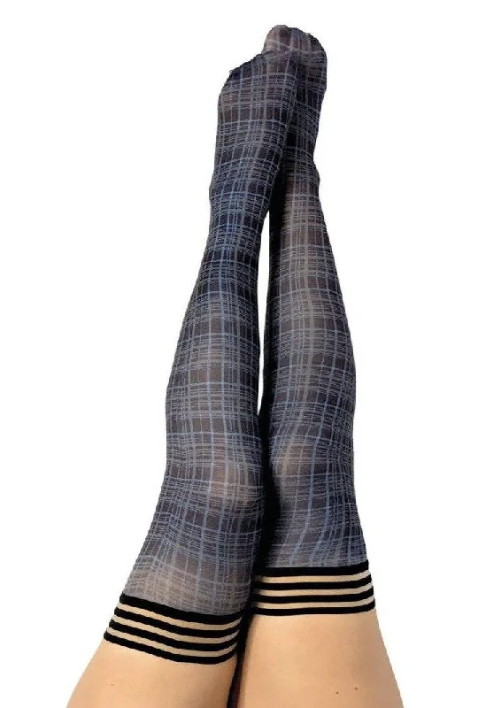 Navy blue plaid thigh-highs