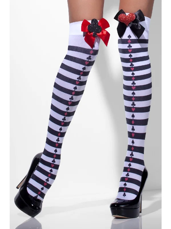 Opaque Hold-Ups, Black & White, Striped with Red Bows