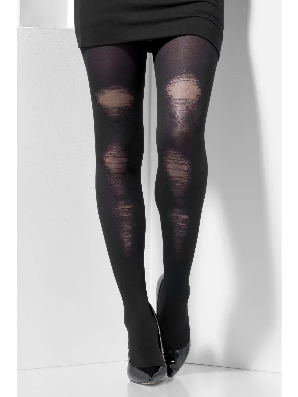 Opaque Tights, Black, with Distressed Detail