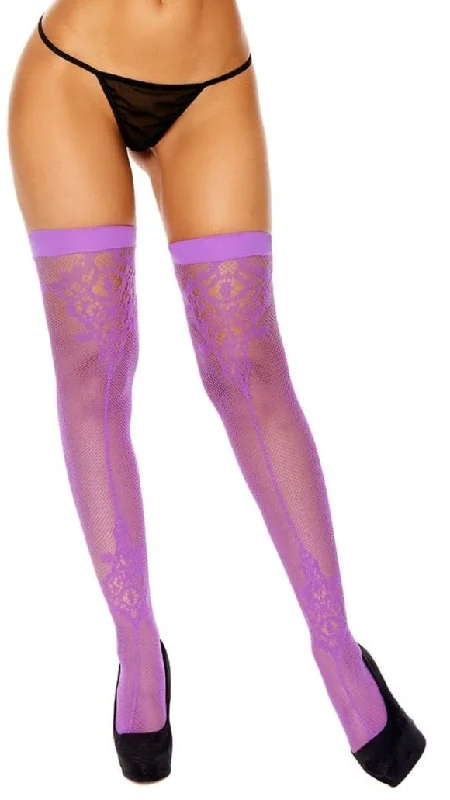 Purple Fishnet Thigh High Stockings with Lace Pattern