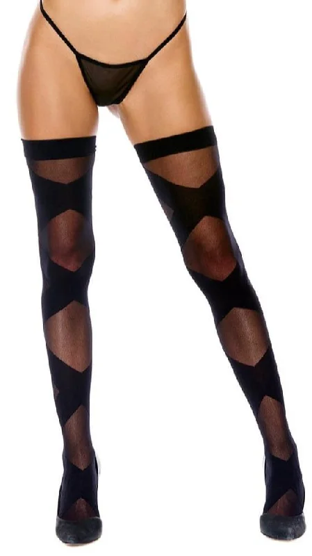 Sheer Black Opaque Bondage Pattern Thigh High Stockings