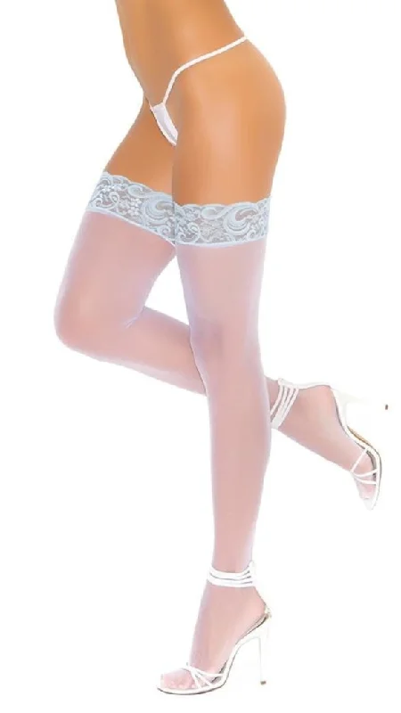 White Thigh Highs Stockings with Blue Lace Top